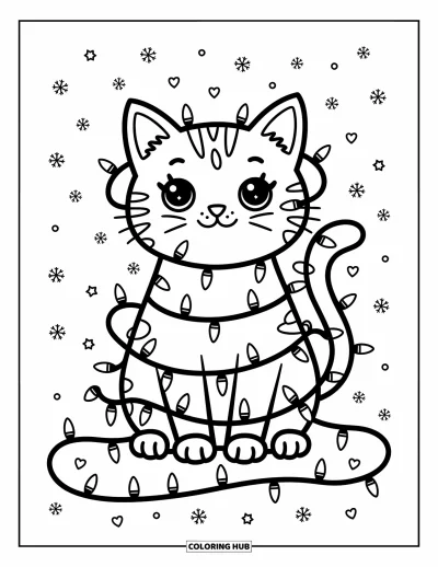 Weihnachts-Katzen-Ausmalbild für Erwachsene: Eine grinsende Katze spielt mit funkelnden Lichterketten und Kugeln in einem gemütlichen Raum