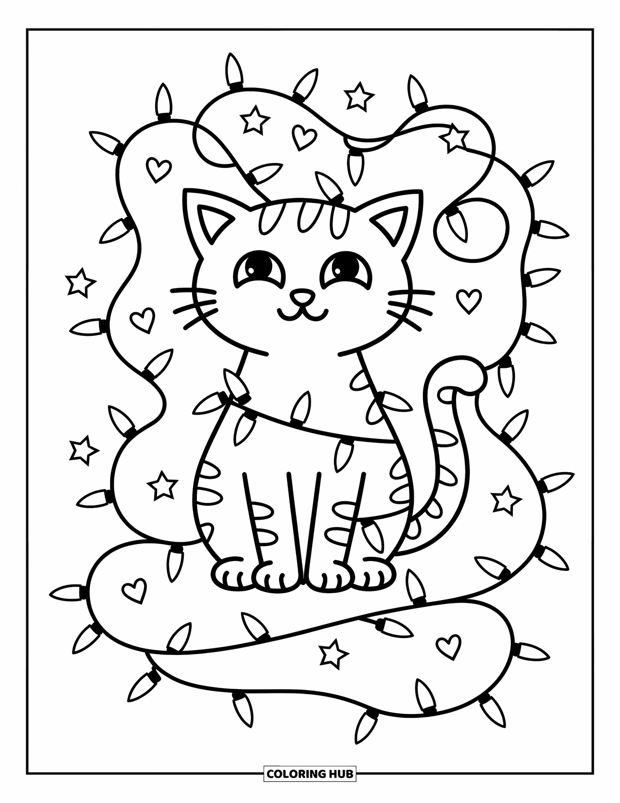 Christmas Cat Coloring Page for Adults: A happy cat sits tangled in glowing string lights with cute hearts and stars