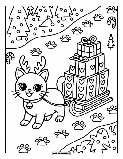Weihnachts-Katzen-Ausmalbild für Erwachsene: Eine fröhliche Katze zieht einen Geschenkschlitten an Schnee, Zuckerstangen und kleinen Bäumen vorbei