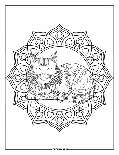 Weihnachts-Katzen-Ausmalbild für Erwachsene: Eine langhaarige Katze schläft im Zentrum eines detaillierten Mandala-Designs