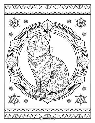 Weihnachts-Katzen-Ausmalbild für Erwachsene: Eine majestätische Katze posiert in einem blättergefüllten Mandala mit Schneeflocken und Beeren