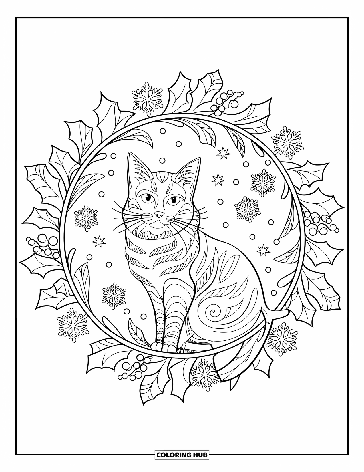 Christmas Cat Coloring Page for Adults: A noble cat rests in a holiday mandala with flowers, berries, and stars