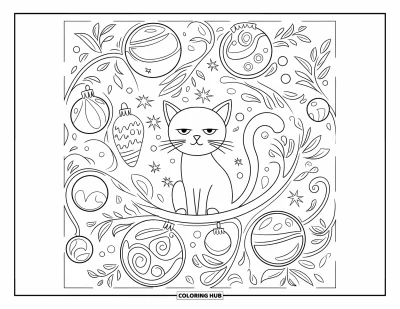 Weihnachts-Katzen-Ausmalbild für Erwachsene: Eine friedliche Katze sitzt auf einem Ast, umgeben von Kugeln und geschwungenen Ranken