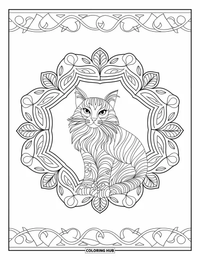 Weihnachts-Katzen-Ausmalbild für Erwachsene: Eine friedliche Katze sitzt in einem Blumen-Mandala, umhüllt von Herzen und Ranken