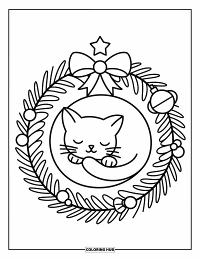 Weihnachts-Katzen-Ausmalbild für Erwachsene: Eine friedliche Katze schläft in einem Kranz aus Tannenzweigen, Schleifen und Glöckchen