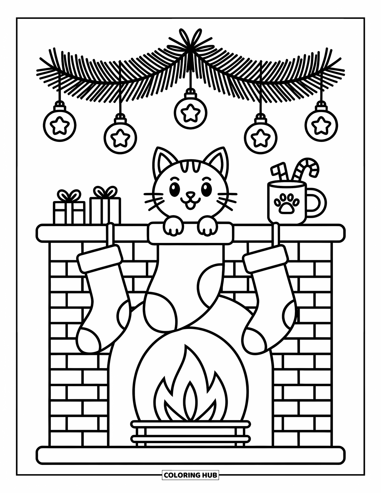 Christmas Cat Coloring Page for Adults: A playful cat pops out of a stocking above a decorated holiday mantle