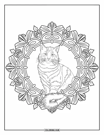 Weihnachts-Katzen-Ausmalbild für Erwachsene: Eine stolze Katze sitzt in einem botanischen Mandala-Kreis aus Schneeflocken und Stechpalme