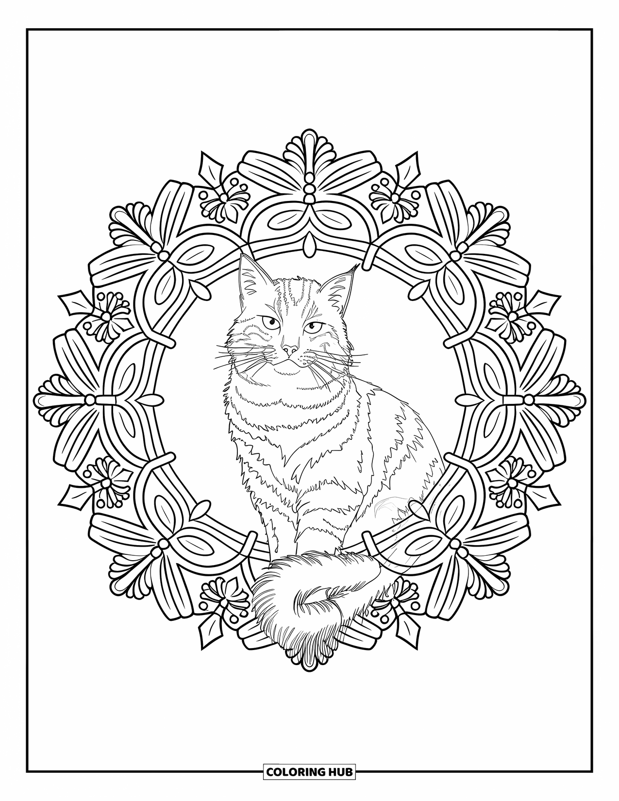 Christmas Cat Coloring Page for Adults: A proud cat sits in a snowflake-and-holly-filled botanical mandala circle