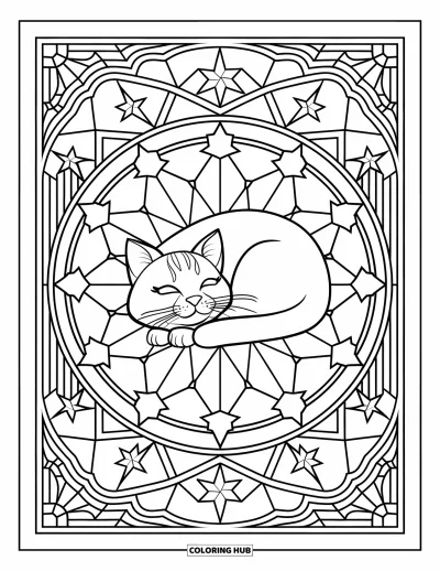 Weihnachts-Katzen-Ausmalbild für Erwachsene: Eine entspannte Katze ruht in einem runden Fenster voller Kugeln und Formen