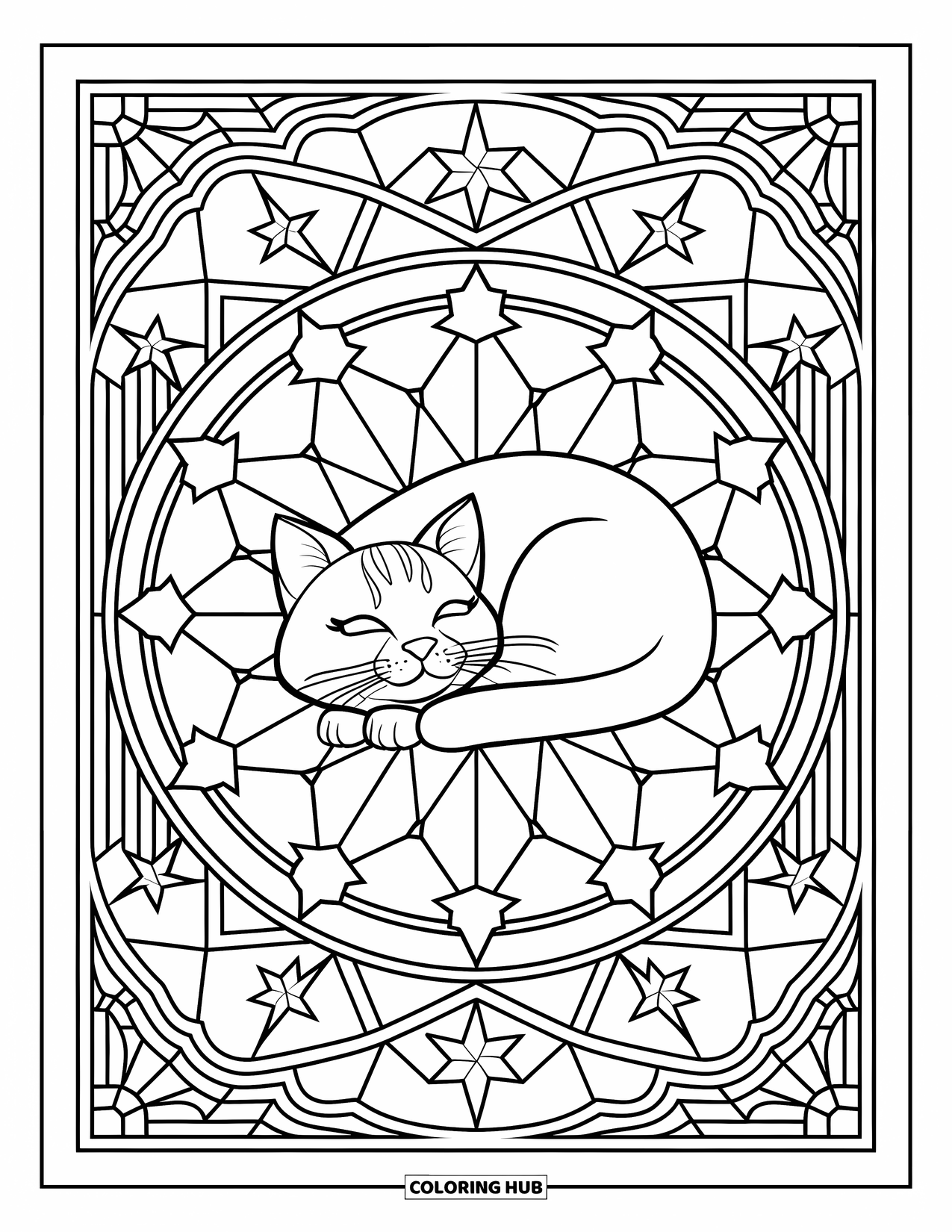 Christmas Cat Coloring Page for Adults: A relaxed cat rests in a circular window filled with ornaments and shapes