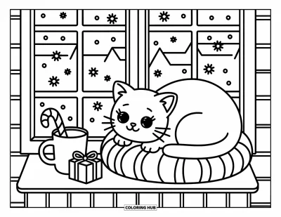 Weihnachts-Katzen-Ausmalbild für Erwachsene: Eine Katze mit runden Augen ruht auf einem weichen Kissen und beobachtet draußen fallende Schneeflocken
