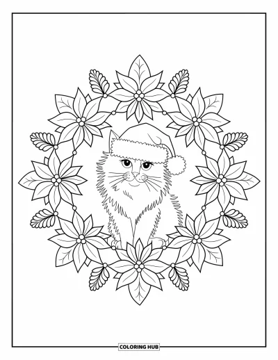 Weihnachts-Katzen-Ausmalbild für Erwachsene: Eine Katze mit Weihnachtsmütze steht im Mittelpunkt eines floralen Mandala aus Tannenzapfen und Weihnachtssternen