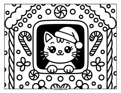 Weihnachts-Katzen-Ausmalbild für Erwachsene: Eine Katze mit Weihnachtsmütze lächelt von einem Lebkuchenhaus mit Zuckerstangen und Gummibonbons