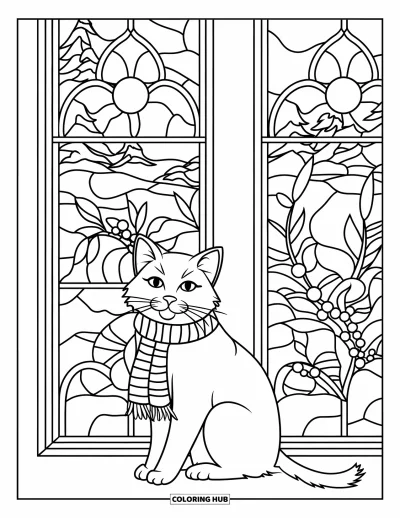 Weihnachts-Katzen-Ausmalbild für Erwachsene: Eine Katze mit Schal sitzt neben einem Fenster mit floralen Buntglas-Wintermustern