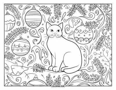 Weihnachts-Katzen-Ausmalbild für Erwachsene: Eine gelassene Katze auf einem Ast wird von schwingenden Ranken und festlichen Baumkugeln eingerahmt