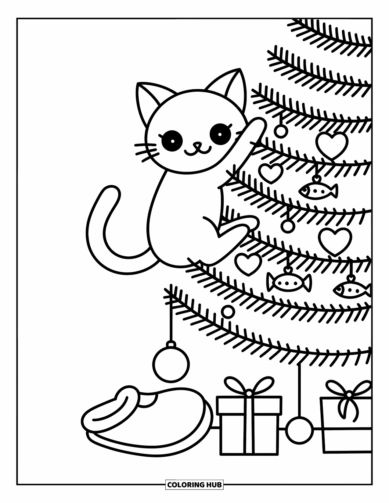 Christmas Cat Coloring Page for Adults: A silly cat climbs a Christmas tree surrounded by hearts and fish shapes