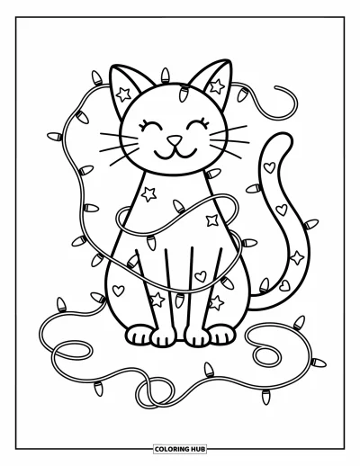 Weihnachts-Katzen-Ausmalbild für Erwachsene: Eine alberne Katze mit breitem Grinsen wird in Lichterketten und Glitzer verheddert erwischt