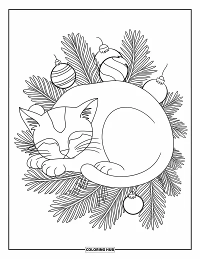 Weihnachts-Katzen-Ausmalbild für Erwachsene: Eine schlafende Katze liegt eingebettet zwischen Tannenzweigen und weihnachtlichen Kugeln