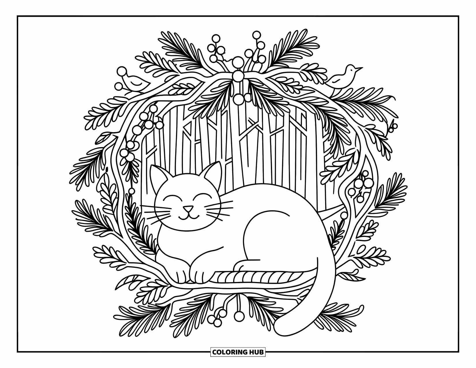 Christmas Cat Coloring Page for Adults: A sleepy cat on a branch is framed by mistletoe, berries, and perched birds