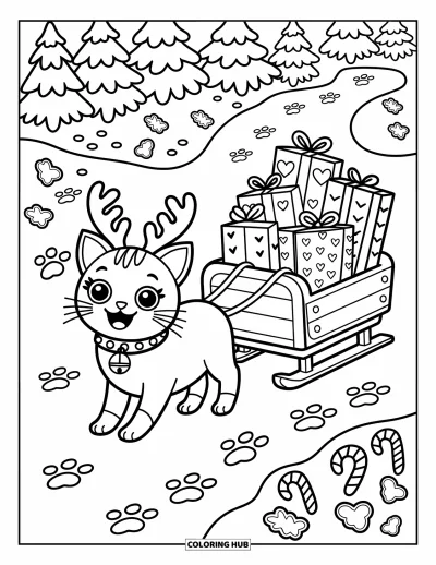 Weihnachts-Katzen-Ausmalbild für Erwachsene: Eine lächelnde Katze mit Glöckchenhalsbband trabt mit einem Schlitten voller fischförmig eingepackter Geschenke