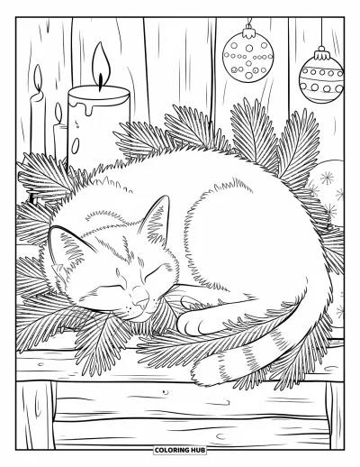 Weihnachts-Katzen-Ausmalbild für Erwachsene: Eine schlummernde Katze ruht auf einem Holzsockel, ringsum Kugeln und Tannenzweige