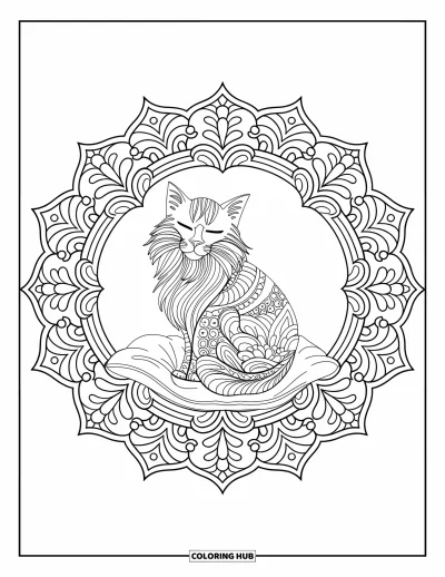 Weihnachts-Katzen-Ausmalbild für Erwachsene: Eine sanfte Katze auf einem Kissen wird von einem blattgefüllten, runden Mandala umgeben