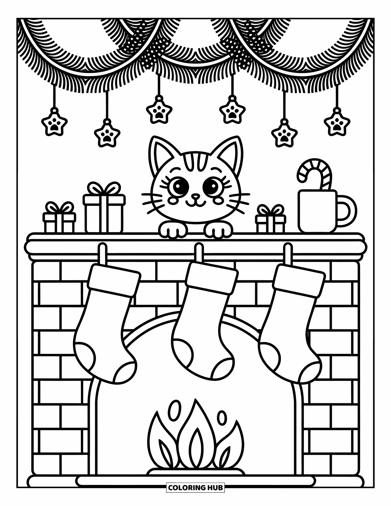 Christmas Cat Coloring Page for Adults: A sweet cat looks out from a stocking by a fireplace with a candy cane mug