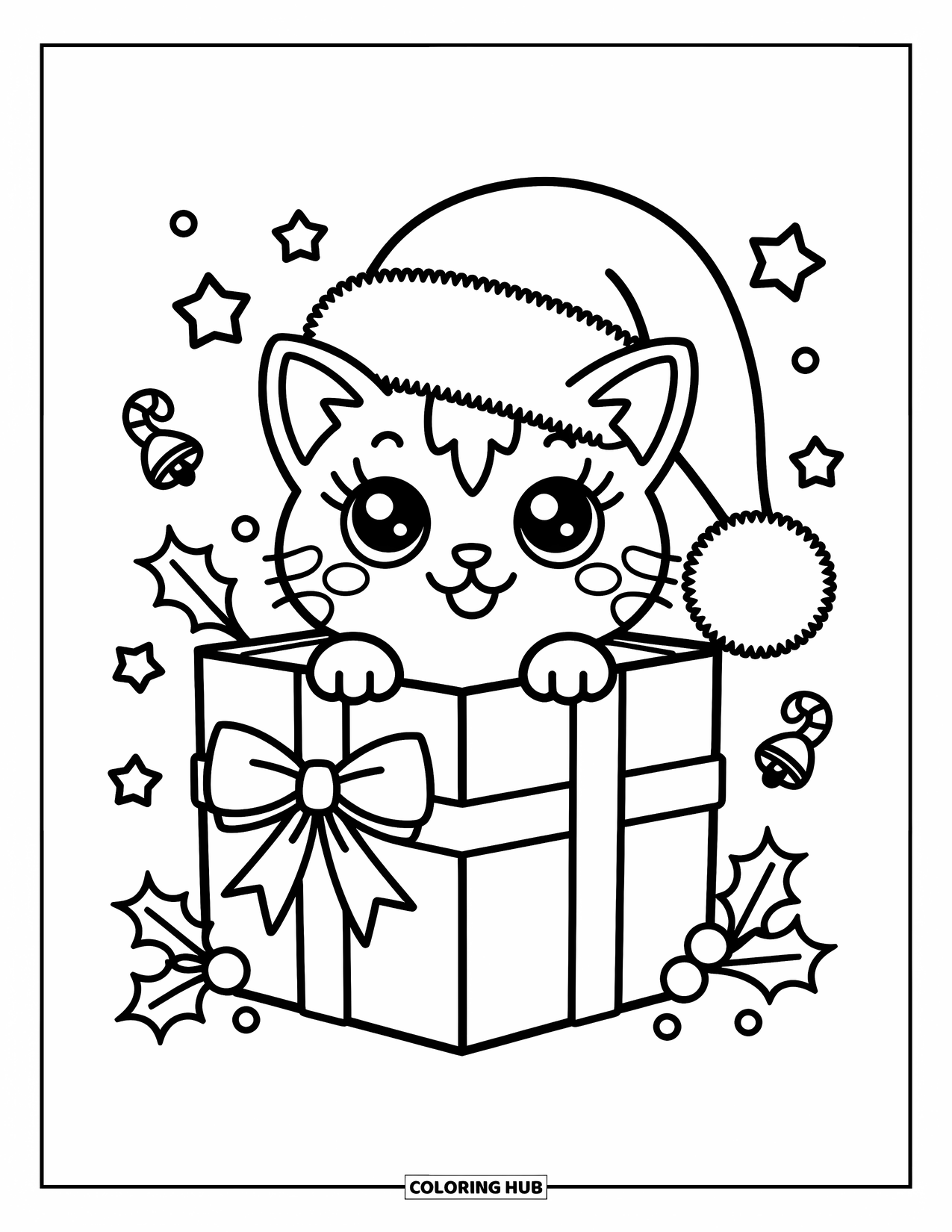 Christmas Cat Coloring Page for Adults: A sweet cat with a Santa hat pops out of a gift box full of holiday cheer