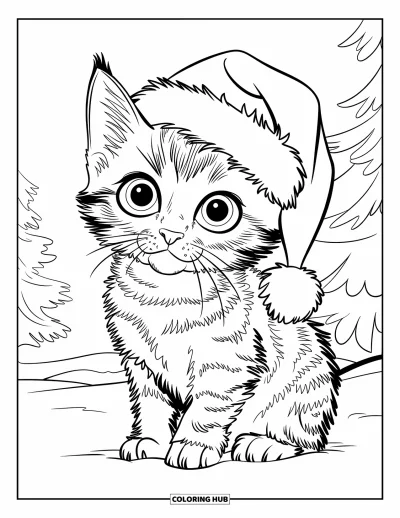 Weihnachts-Katzen-Ausmalbild für Kinder: Ein Kätzchen mit großen Augen und Weihnachtsmütze ruht auf schneebedecktem Boden mit Bäumen in der Nähe