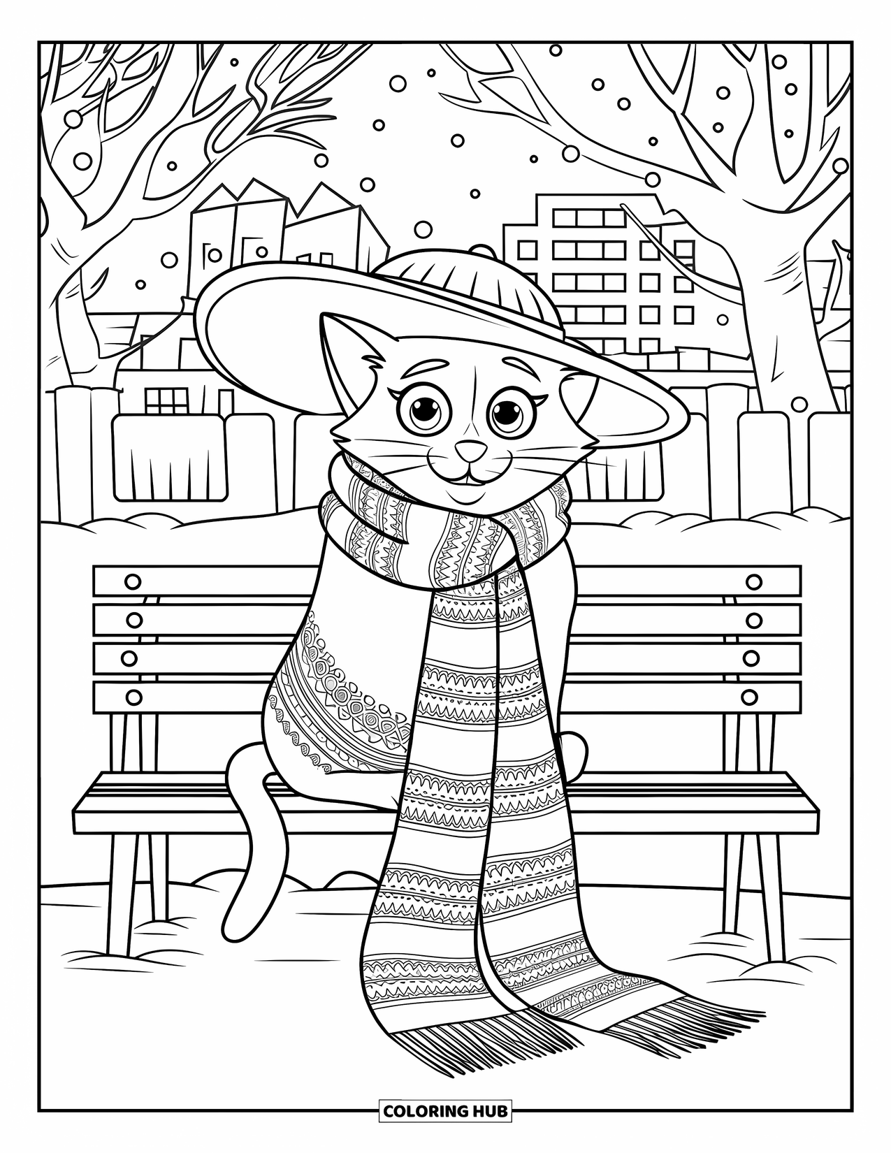 Christmas Cat Coloring Page for Kids: A bundled-up cat in a scarf sits on a snowy bench in a peaceful park