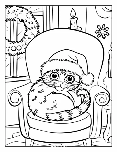 Weihnachts-Katzen-Ausmalbild für Kinder: Eine Katze ruht bei einem kerzenbeleuchteten Fenster mit festlichen Kränzen und Schneeflocken