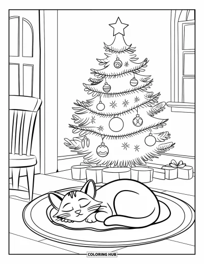Weihnachts-Katzen-Ausmalbild für Kinder: Eine Katze rollt sich auf einem Teppich unter einem funkelnden Baum zusammen, daneben ein gemütlicher Sessel