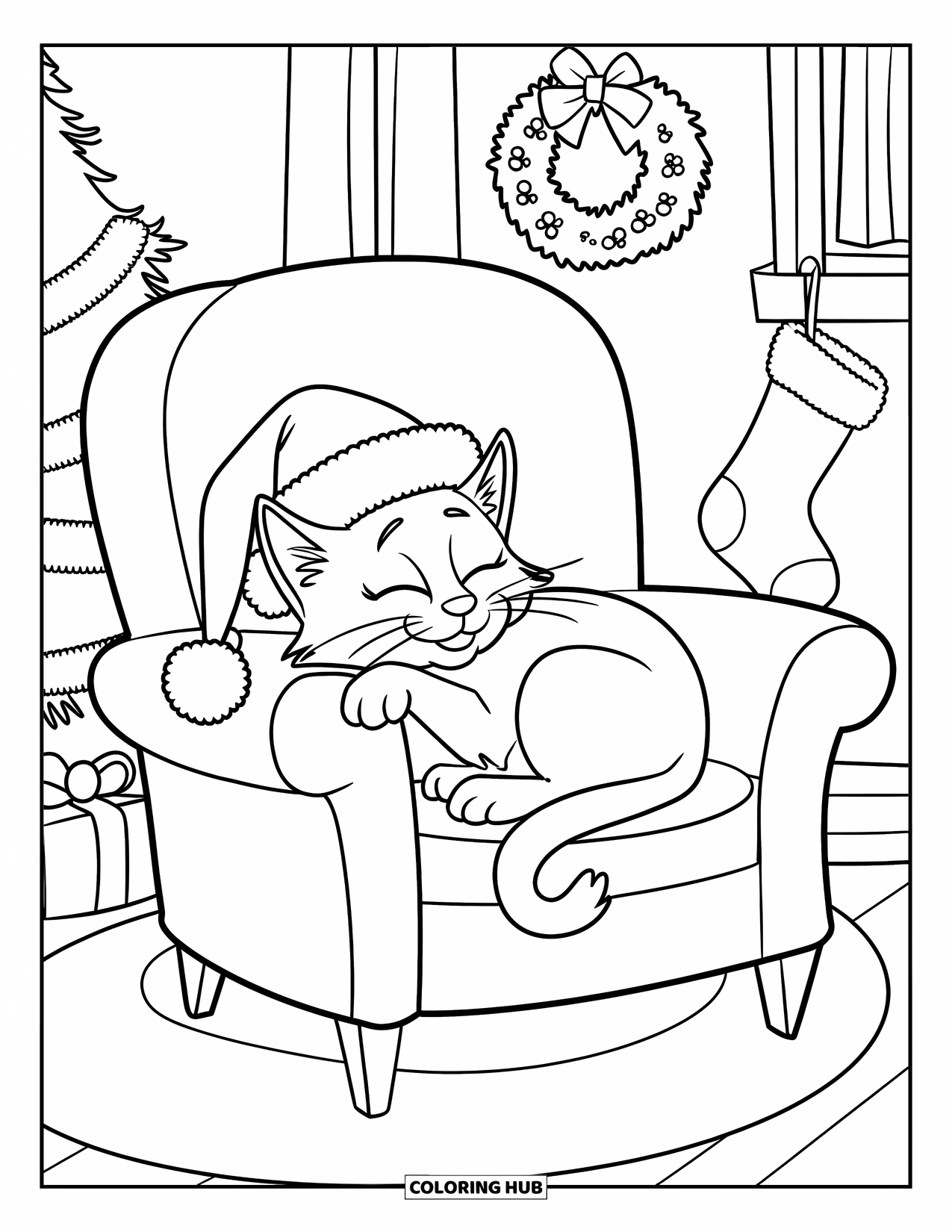 Christmas Cat Coloring Page for Kids: A cat in a Santa hat naps on a chair beside a tree and stockings