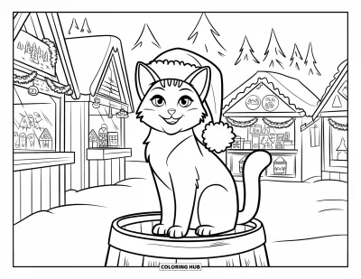 Weihnachts-Katzen-Ausmalbild für Kinder: Eine Katze mit Weihnachtsmütze sitzt auf einem Fass auf einem gemütlichen Weihnachtsmarkt