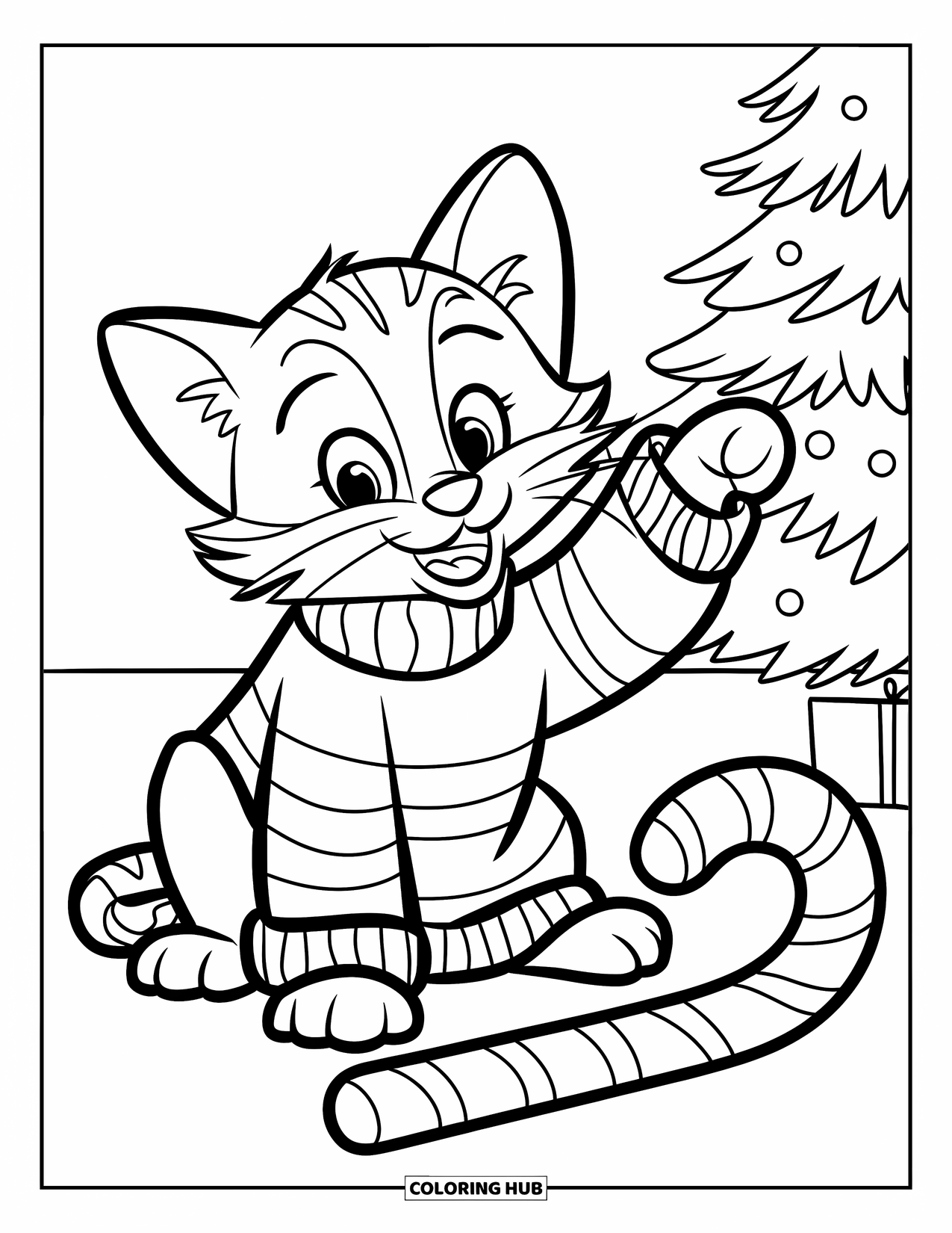 Christmas Cat Coloring Page for Kids: A cat in striped pajamas sits by a tree playing with a candy cane
