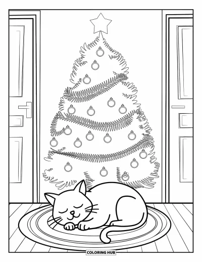 Weihnachts-Katzen-Ausmalbild für Kinder: Eine Katze schläft auf einem Teppich neben einem Baum mit goldenen Kugeln und einer Tür