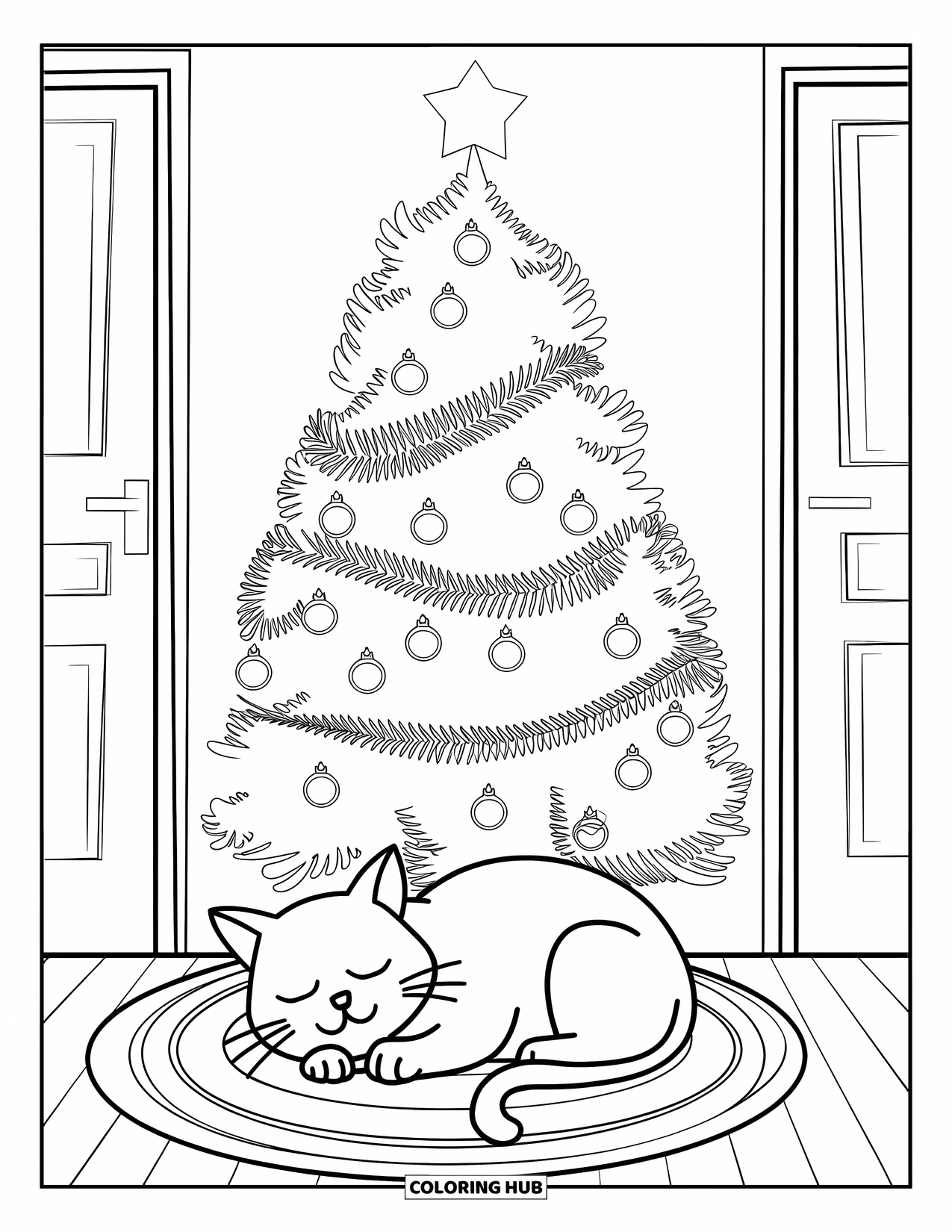 Christmas Cat Coloring Page for Kids: A cat naps on a rug by a tree with gold ornaments and a door nearby
