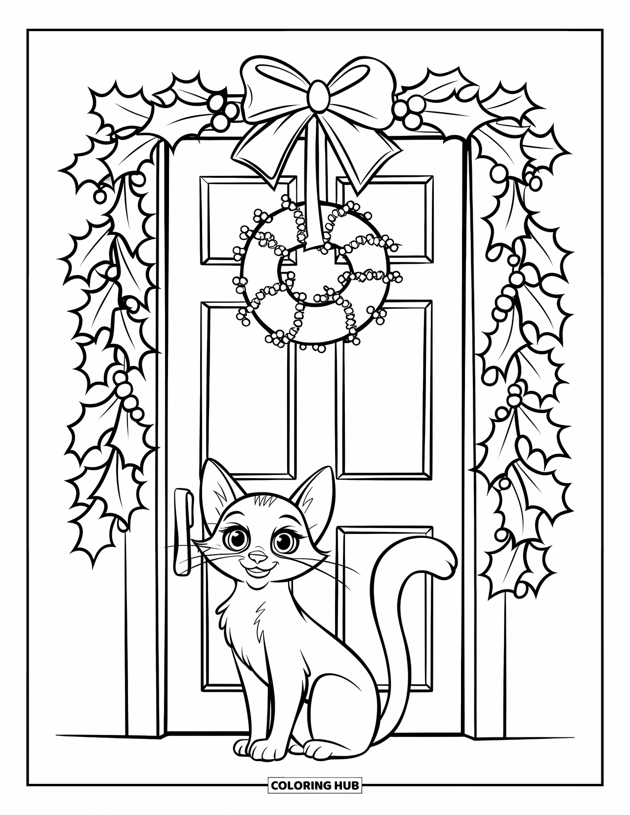 Christmas Cat Coloring Page for Kids: A cat poses under a doorway trimmed with mistletoe and holly