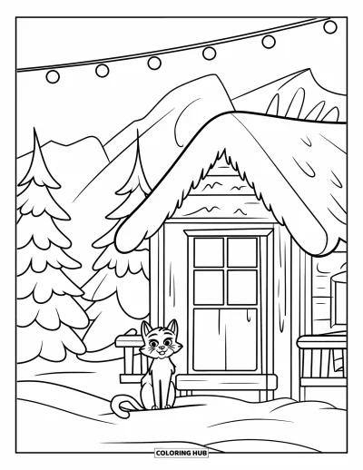 Weihnachts-Katzen-Ausmalbild für Kinder: Eine Katze sitzt neben einer Hütte mit Lichtern unter einem verschneiten Berghimmel