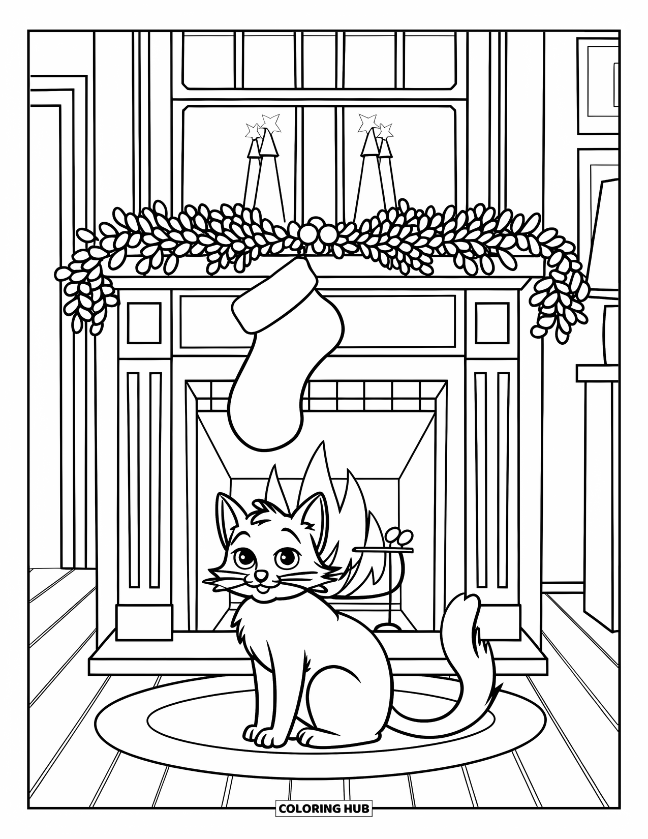 Christmas Cat Coloring Page for Kids: A cat sits on a rug in front of a fireplace with a stocking above