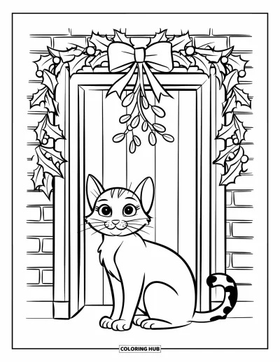 Weihnachts-Katzen-Ausmalbild für Kinder: Eine Katze steht unter Mistelzweig und Stechpalme in einer festlich geschmückten Türszene