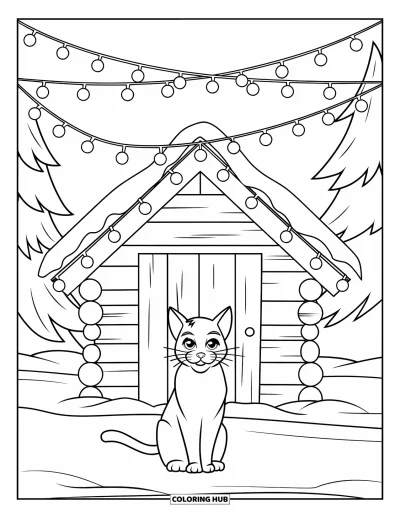 Weihnachts-Katzen-Ausmalbild für Kinder: Eine Katze beobachtet den Schneefall vor einer gemütlichen Hütte mit Lichterketten am Dach
