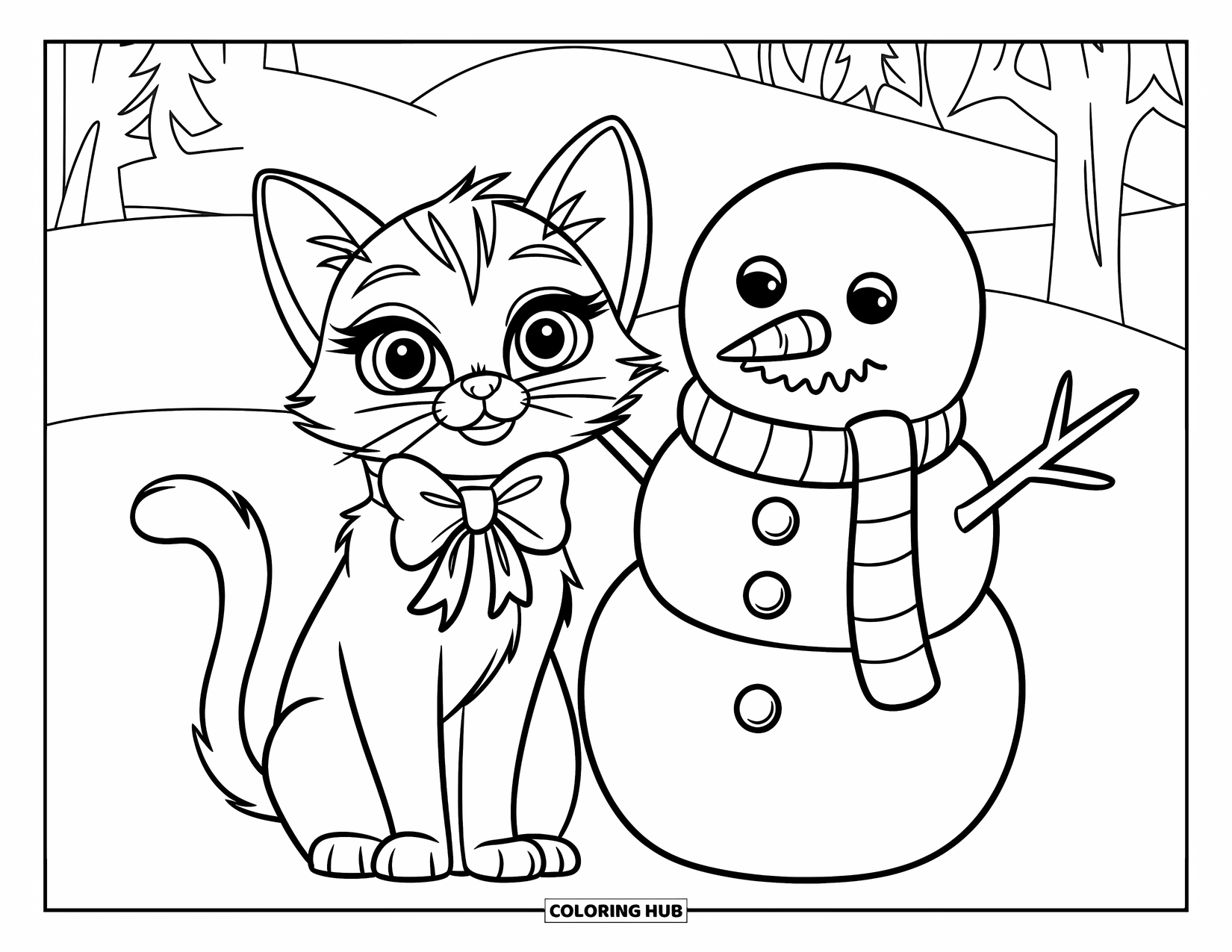Christmas Cat Coloring Page for Kids: A cat with a bow sits beside a snowman in a snowy forest
