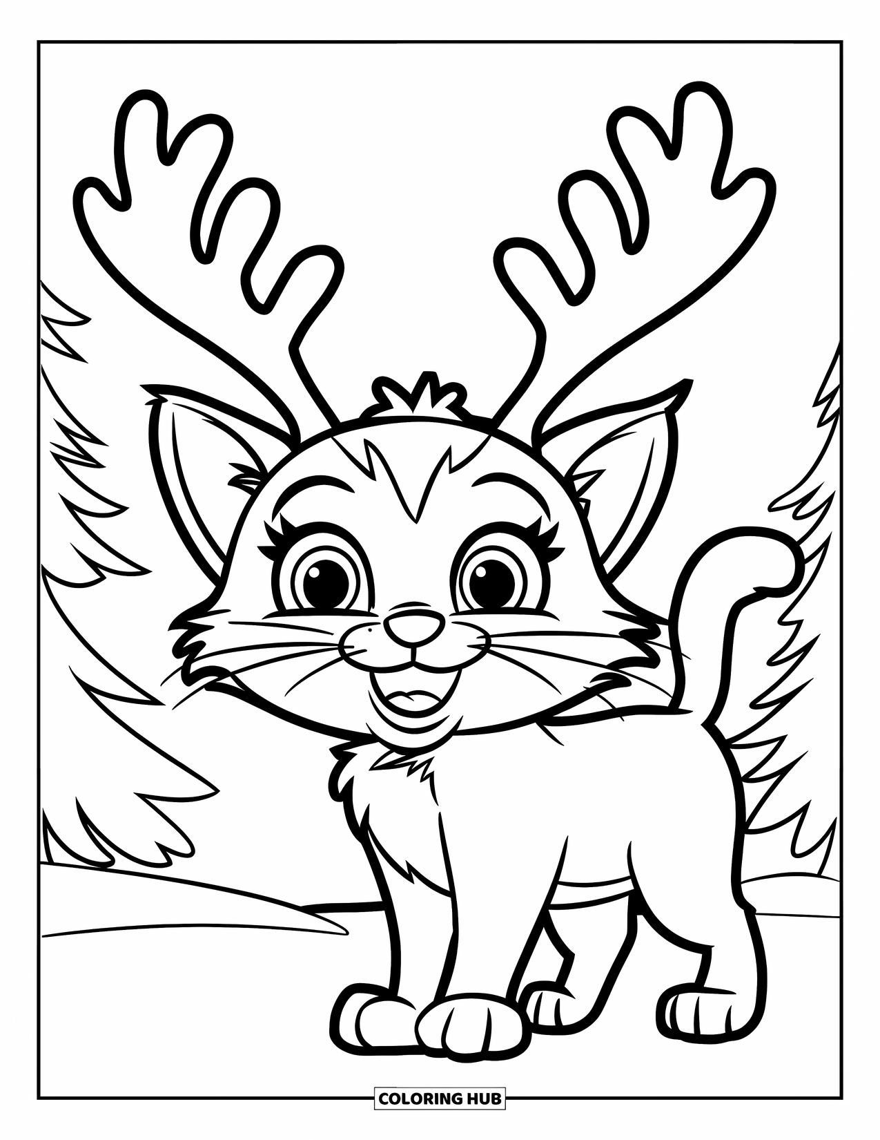 Christmas Cat Coloring Page for Kids: A cat with reindeer antlers stands happily in a snowy forest scene