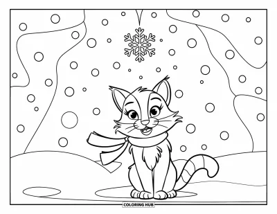 Weihnachts-Katzen-Ausmalbild für Kinder: Eine fröhliche Katze mit Schal beobachtet in einer schlichten Szene den fallenden Schnee