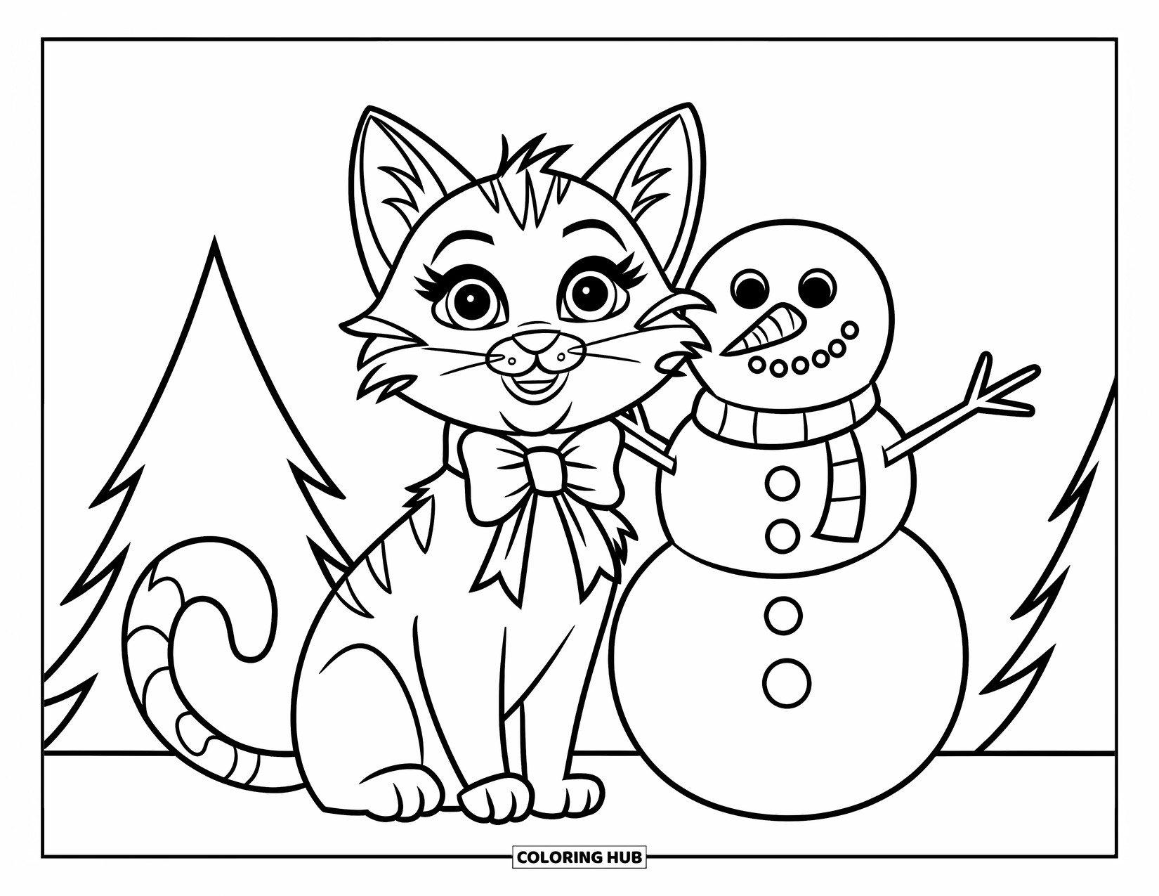 Christmas Cat Coloring Page for Kids: A cheerful cat with a snowman stands in snow beneath tall pine trees