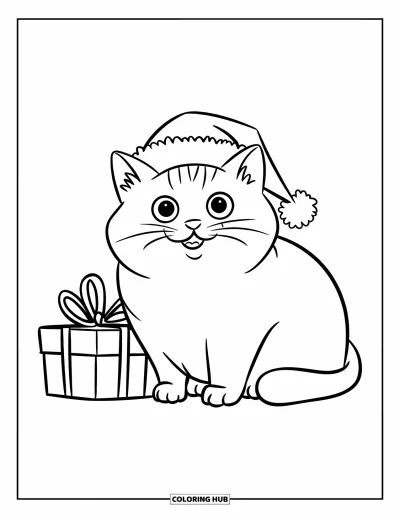 Weihnachts-Katzen-Ausmalbild für Kinder: Eine rundliche Katze mit Weihnachtsmütze sitzt neben einem ordentlich eingepackten Geschenk