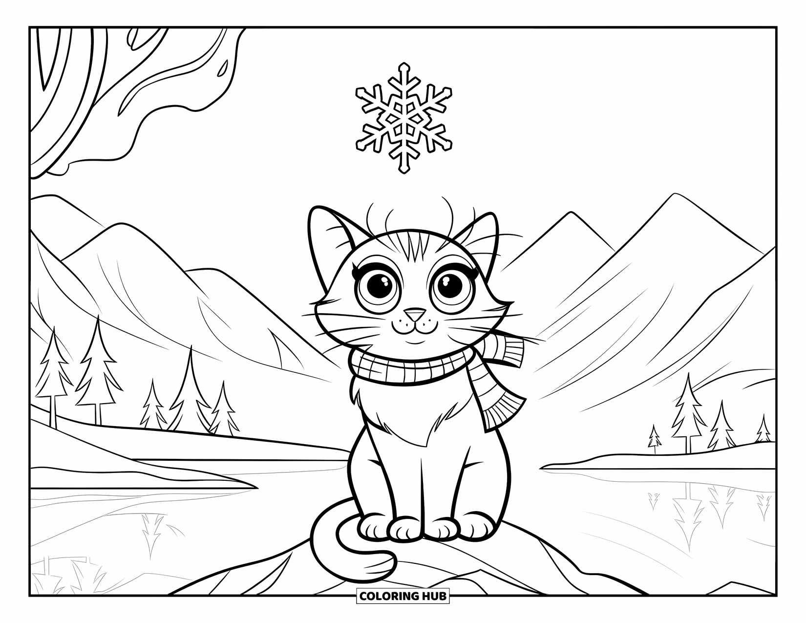 Christmas Cat Coloring Page for Kids: A cozy cat on a rock enjoys falling snow near mountains and a lake