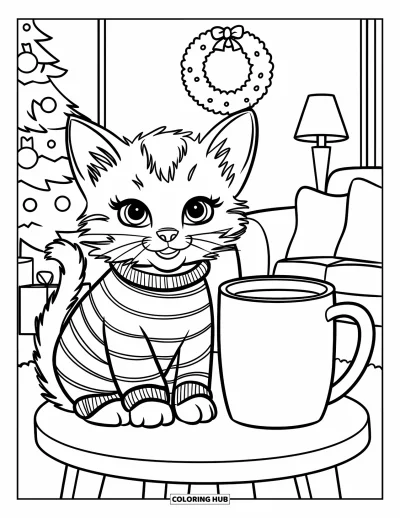 Weihnachts-Katzen-Ausmalbild für Kinder: Ein Kätzchen im Pyjama sitzt in einem gemütlichen Zimmer neben Kakao und einem Weihnachtsbaum