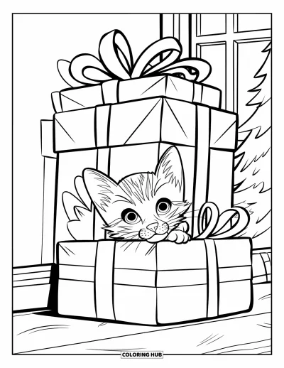 Weihnachts-Katzen-Ausmalbild für Kinder: Ein neugieriges Kätzchen lugt hinter einem Stapel eingepackter Geschenke hervor